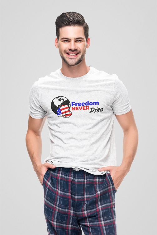 Freedom Never Dies Man Model wearing White Unisex T-Shirt