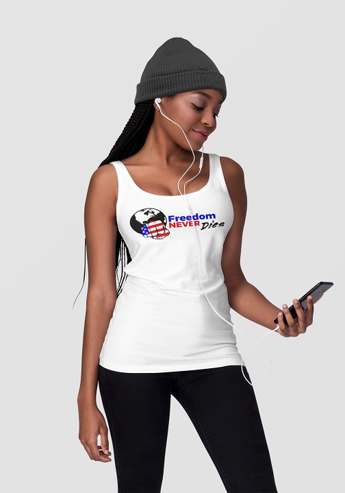 Woman wearing a FreedomNeverDies White Racerback Tank Top Apparel